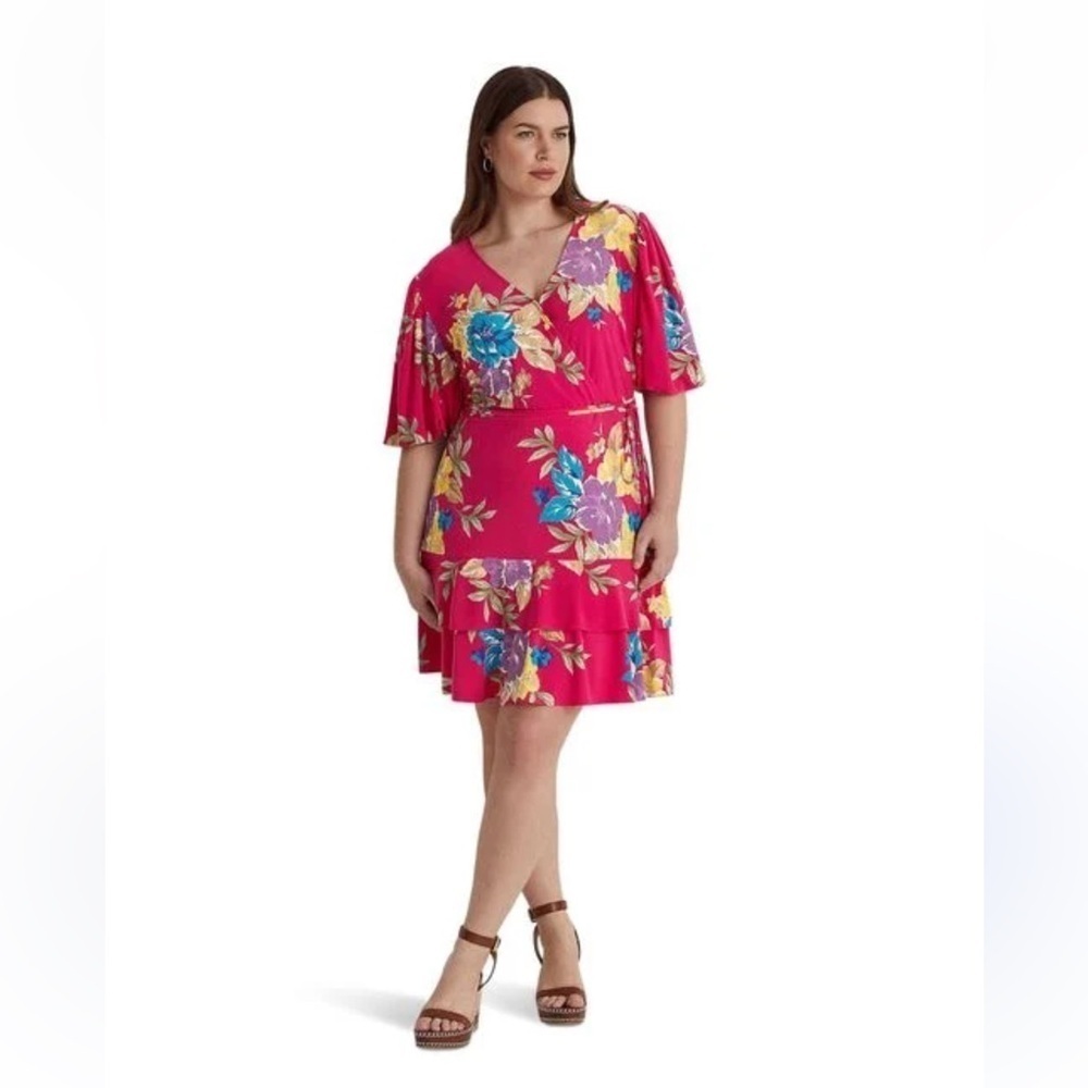 RALPH LAUREN Pink Wrap Mini Dress Short Sleeves